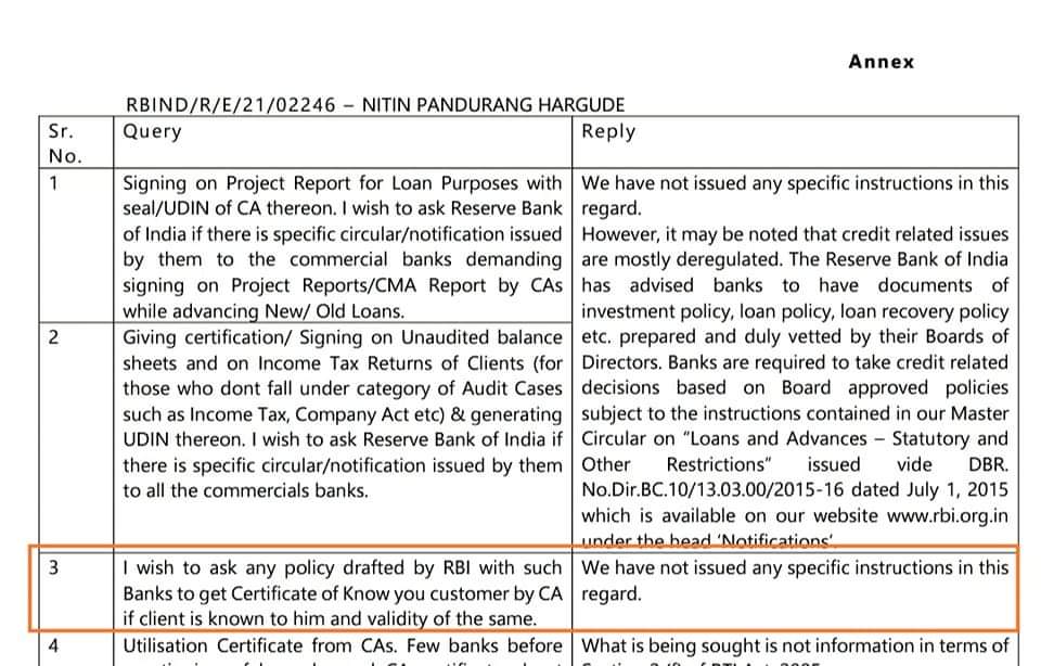 atulmodani's tweet photo. Private banks HDFC, ICICI asking for KYC certificate from a CA for opening a Current account , 

RBI  has clarified that it has not issued any instructions or requirement to get Certificate of Know you customer _from CA* - RTI Reply by #RBI to @canitinhargude https://t.co/o91SDUlfJ0