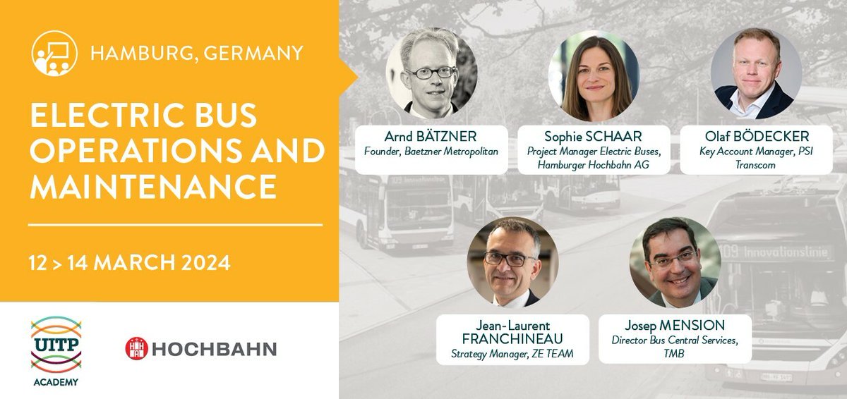 Join #UITPAcademy in Hamburg, Germany 🇩🇪 for 'Electric Bus Operations and Maintenance' ⚡️🚌🚍 This training program helps you: ➡️ Transform your bus operations for a more sustainable city ➡️ Explore different vehicle types and cutting-edge technologies for an efficient bus…