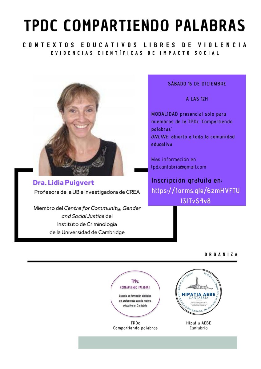 El sábado 16 de diciembre 🕛12h ¡estaremos con la Dra. Lidia Puigvert dialogando sobre contextos educativos libres de violencia para el bienestar de todo el alumnado! #SocialImpactScience #Bullying #SaludMental 💜Formación online abierta. Inscripciones en forms.gle/6zmHVFTUt3fTvS…