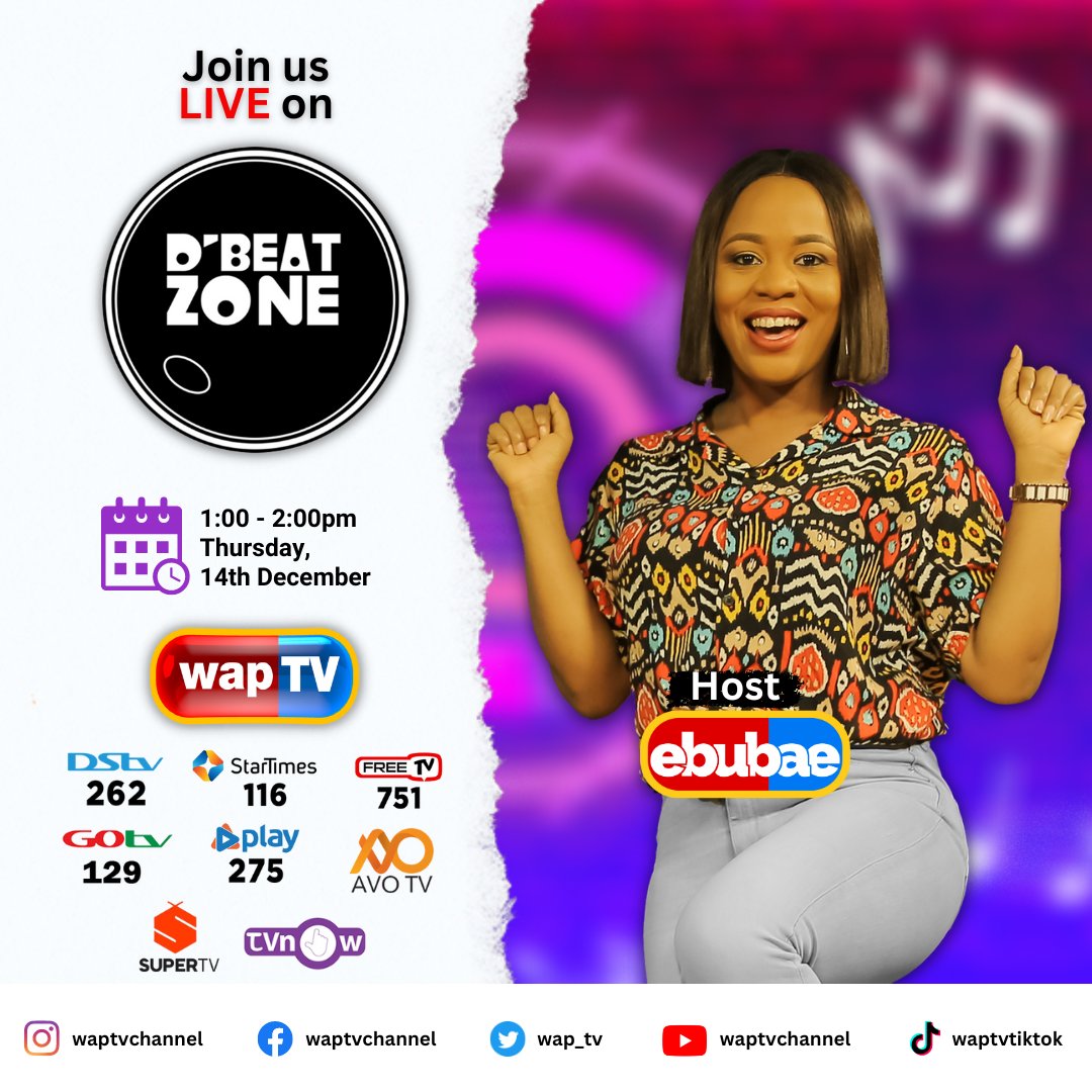 wap_tv's tweet photo. It's almost time, fam. Get ready to vibe with us on #DBeatZone
Join Ebubae today, 1:00 pm for an overdose of entertainment only on #waptv
Don't miss out!
Host: @ms_ebubae
#dbeatzone #ebubae #liveshow #entertainment #musicshow #entertainmentshow #waptv https://t.co/8o9D3fFE35