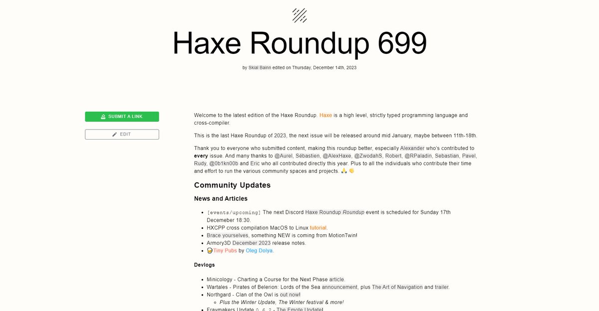 #Haxe Roundup 699 haxe.io/roundups/699/ is out! 🎄

The latest articles from Armory3D, MotionTwins, Fraymakers &amp; more! 📰

The latest game releases &amp; demos! 🎮

Previews of LDtk, ZAudio, DCACLab, Renaine &amp; more! 🔍

Plus the latest OS releases, core changes &amp; more! 🔥