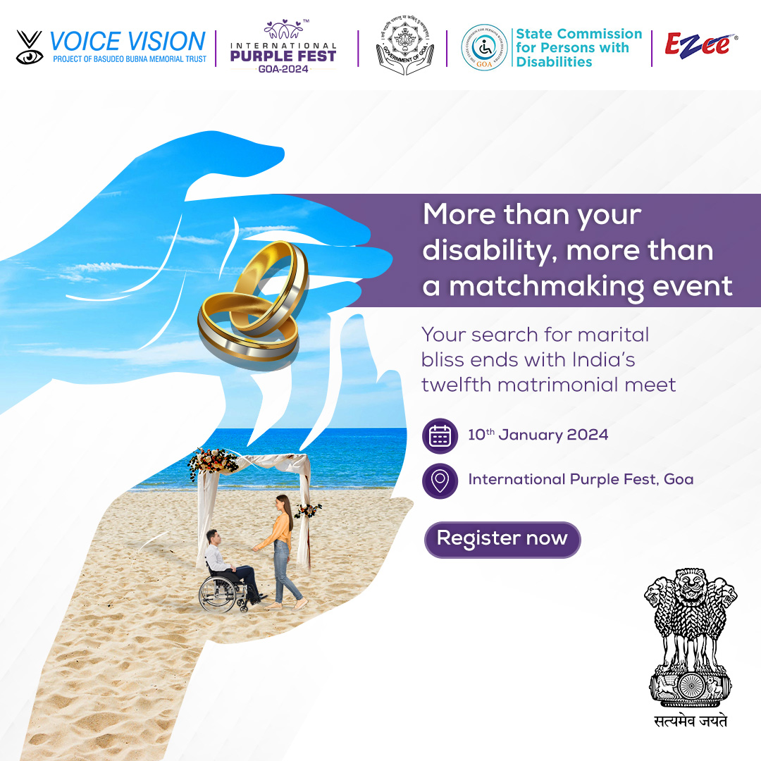 Celebrate love and abilities at International Purple Fest in Goa on Jan 10, 2024. Join us for a unique matchmaking experience that goes beyond limitations. Register now! 💍 

#PurpleFest #GoaEvent #Love #Marraige #Matrimonial #MatchMaking #Disablity