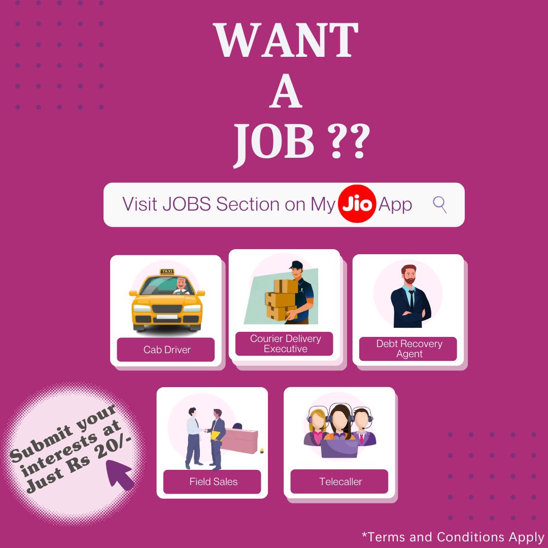 🌟Seeking a career path? Explore exciting roles like Cab Driver, Courier Delivery Executive, Debt Recovery Agent, Field Sales, Telecaller, and more! 🚗📦💼📞 Express your interest now through the Jobs section on MyJio App. Please note: We don't assure any job placements.…
