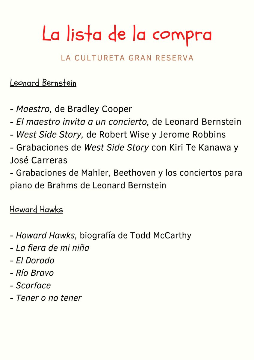 LaCultureta's tweet photo. La #ListaDeLaCompra nos trae la biopic sobre Bernstein, su última grabación de los conciertos para piano de Brahms y la recién traducida biografía de Howard Hawks

¿Creéis que @kubelick conseguirá verse una integral de Hawks? Lo desvelaremos al final de la temporada. https://t.co/xwEKQXKvco