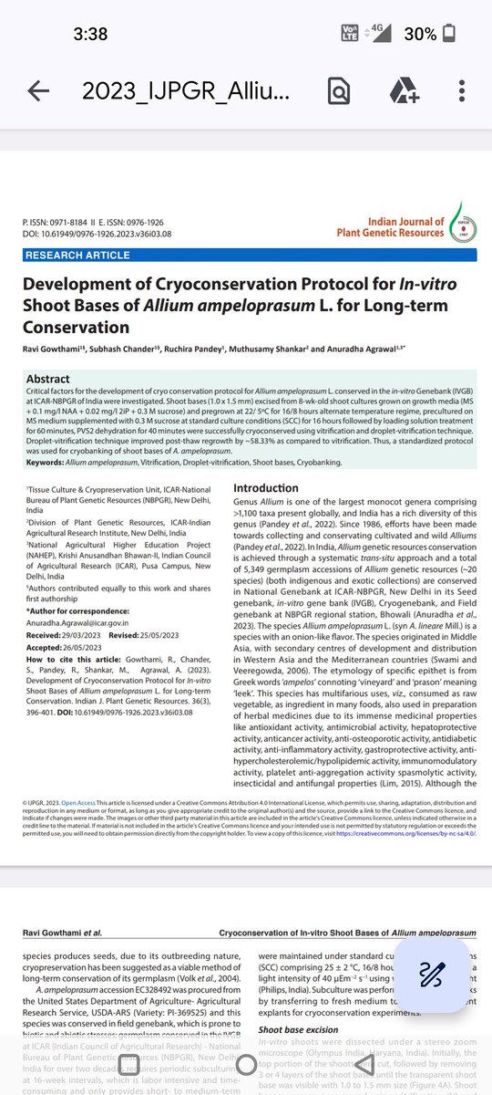 Congrats to Drs Ruchira, Gowthami, Subhash and Shankar from  @inbpgr for developing a working protocol on cryopreservation of #wildleek  (#Allium #ampeloprasum) from #invitrogenebank
doi 10.61949/0976-1926.2023.v36i03.08 <a href="/IJPGR/">Indian Society of Plant Genetic Resources</a>