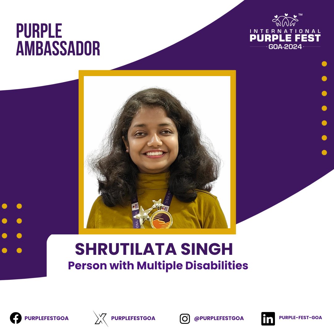 purplefestgoa's tweet photo. Meet our next Purple Ambassador, Shrutilata Singh.

Shrutilata Singh hailing from Ahmedabad has progressive deafblindness. Currently she serves as a Senior Specialist Network Support at Sense International India. A vital component of her responsibilities involves the coordination of activities for the National Network of adults with deafblindness, known as 'Udaan'. 

She holds a BA degree with a major in English and a Diploma in Physiotherapy from Ahmedabad University. She also possesses a Certificate in Food and Nutrition (CFN). Before her advocacy work, she gained three years of valuable experience as a pediatric physiotherapist in early intervention centers.

She has also participated and contributed as a speaker at (Global Disability Summit) GDS 2022, (United Nations Girls Education Initiative) UNGEI, (United Nations Conference of State Parties) UNCOSP with latest at Civil Society 20 (C20) Summit 2023. She is also an Executive member of Commonwealth Children and Youth with Disability Network (UNGEI Representative).

Image description in comments

#PurpleFest2024 #PurpleFestGoa #PurpleFest #Disability #DisabilityAwareness #Accessibility #Love #DisabilityRights #DisabilityInclusion #Event #DisabilityPride #AbilityNotDsability #Diversity #Panjim #Goa #CelebratingDiversity #InclusiveFestival #MultipleDisabilities