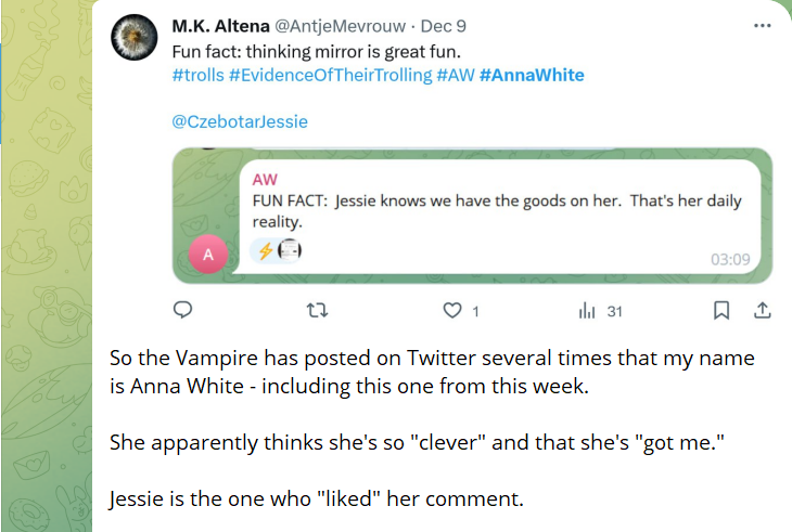 SomeoneElse2026's tweet photo. As long as you and your trolling buddies keep calling me names like 'the Vampire', 'the Barbarian', 'fraud', 'witch', and 'crazy Marion', I'm not too worried about calling someone by the name she started out using for herself - Anna White.

#AnnaWhite #TrollingSRAsurvivors https://t.co/Cxg9BaCmDS