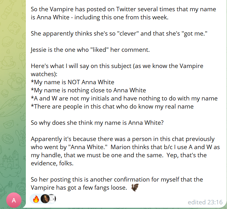SomeoneElse2026's tweet photo. As long as you and your trolling buddies keep calling me names like 'the Vampire', 'the Barbarian', 'fraud', 'witch', and 'crazy Marion', I'm not too worried about calling someone by the name she started out using for herself - Anna White.

#AnnaWhite #TrollingSRAsurvivors https://t.co/Cxg9BaCmDS