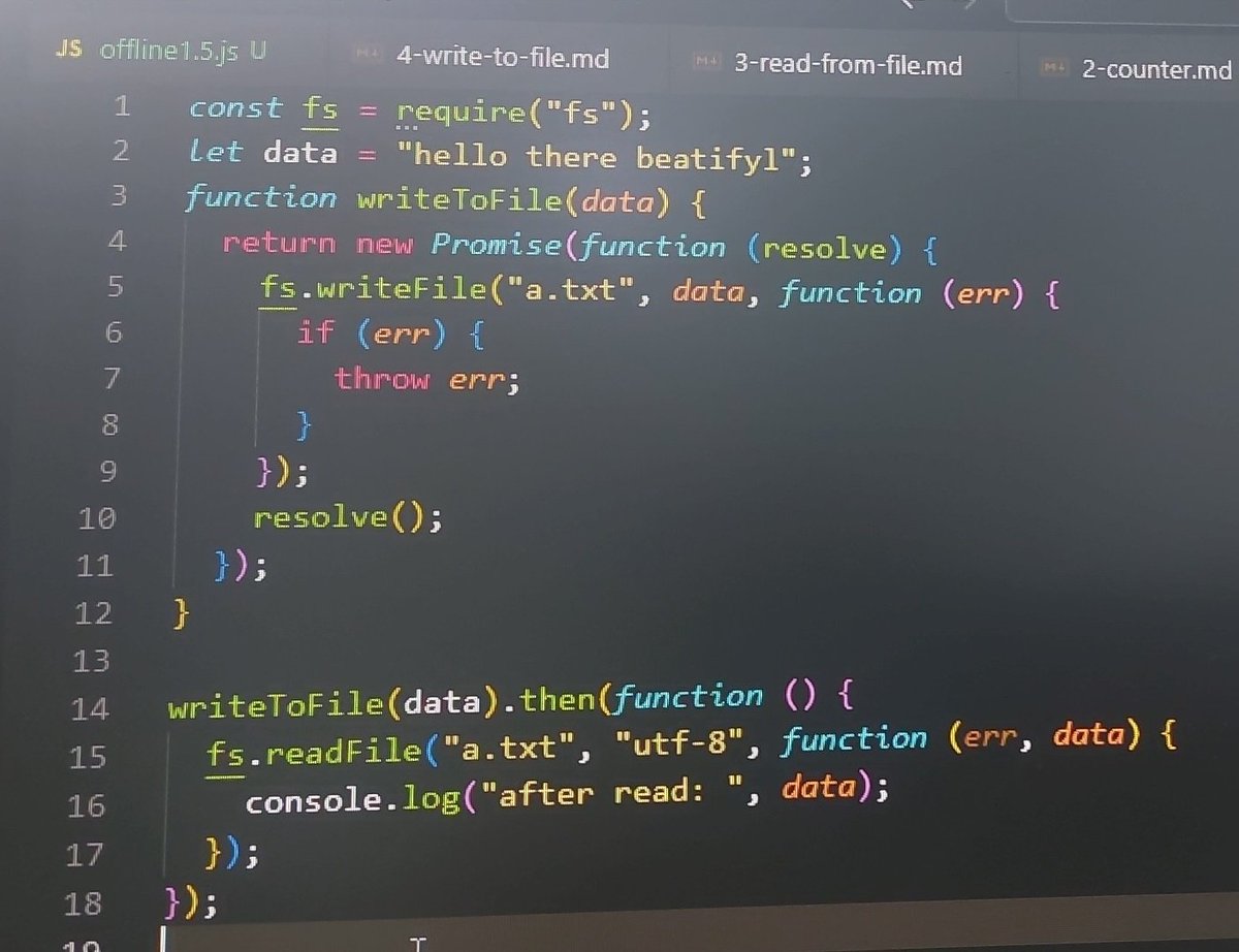rishav_preet's tweet image. Done with all the easy assignments for week 2 of #cohort2.0 and this was the most interesting one. Using promise to write to a file *then* reading the same file using fs. Also learnt, if you skip &quot;utf-8&quot; encoding in the readFile method the output will be a byte buffer.
@kirat_tw