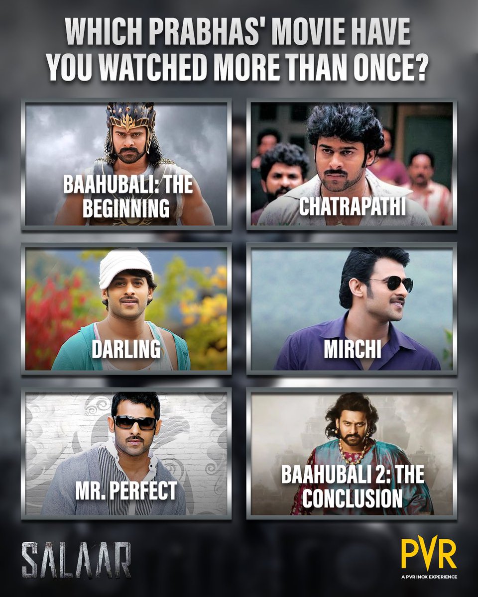 _PVRCinemas's tweet image. Prabhas’ movies are always a treat to watch! 🎥✨
Which of his movies have you binge-watched multiple times? Comment and let us know.
.
.
.
#BaahubaliTheBeginning #BaahubaliTheConclusion #Chatrapathi #Darling #Mirchi #MrPerfect