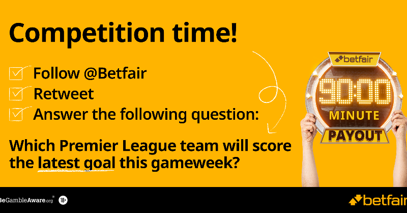 Betfair's tweet photo. 👀 #90Min Competition!

🤔 Which Premier League team will score the latest goal this gameweek?

✅ Follow, RT and guess correctly - you could win a £25 free bet!

⬇️ Click below for T&amp;C's