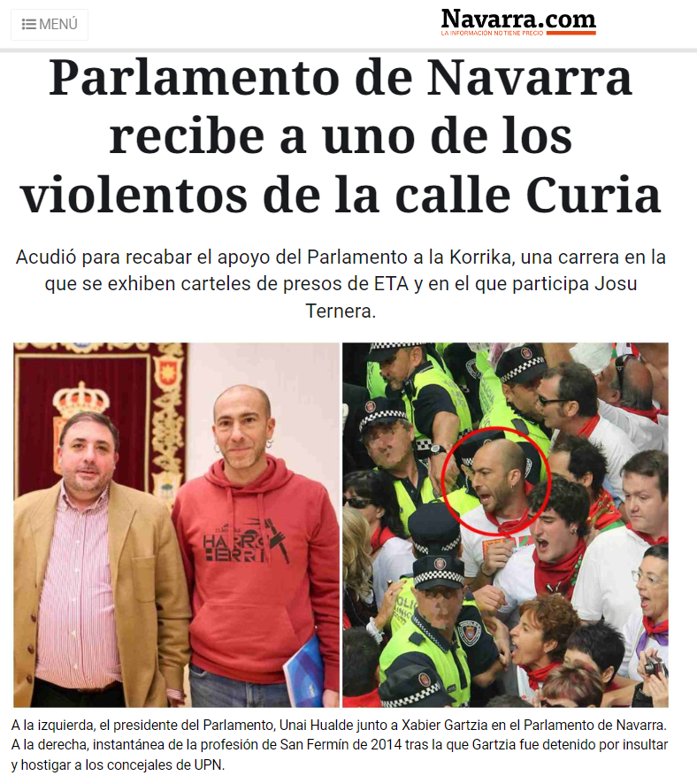 VoxNavarra's tweet photo. Aquí, el presidente del Parlamento de Navarra, de Geroa Bai, recibiendo a delincuentes para promocionar en Navarra una carrera vasca separatista, con el objetivo de continuar en el adoctrinamiento ideológico, usando además el dinero público.

Para esto utiliza la casa de todos los navarros, para dar voz a delincuentes a favor de la anexión de Navarra al País Vasco.