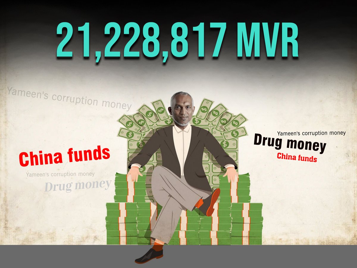 AbudurRaheem's tweet photo. President @MMuizzu claims MVR 21,228,817 as election spending— officially the largest amount. In reality, the official figure seems just the tip of the iceberg. He used China funds, Yameen's corrupt cash & drug money to win election.
#MuizzuExposed https://t.co/lmKTGdQUWS