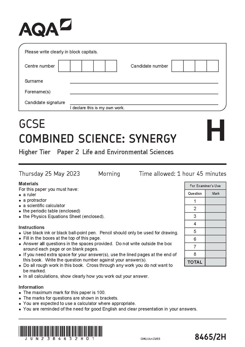 paper29397's tweet image. AQA GCSE COMBINED SCIENCE SYNERGY PAPER 2 (8465/2H: Higher Tier- Life and Environmental Sciences)   
#AQAGCSE #combinedscience #synergy #paper2 #8465/2H #highertier #fliwy
fliwy.com/item/379167/aq…