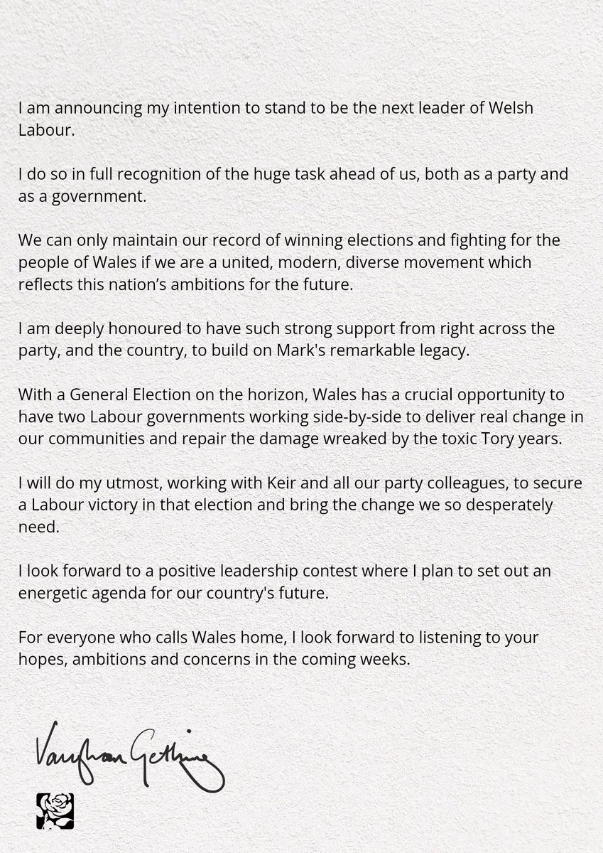 I'm honoured to have received many messages of support from across our movement. I will be standing to be the next leader of @welshlabour. 🌹🏴󠁧󠁢󠁷󠁬󠁳󠁿