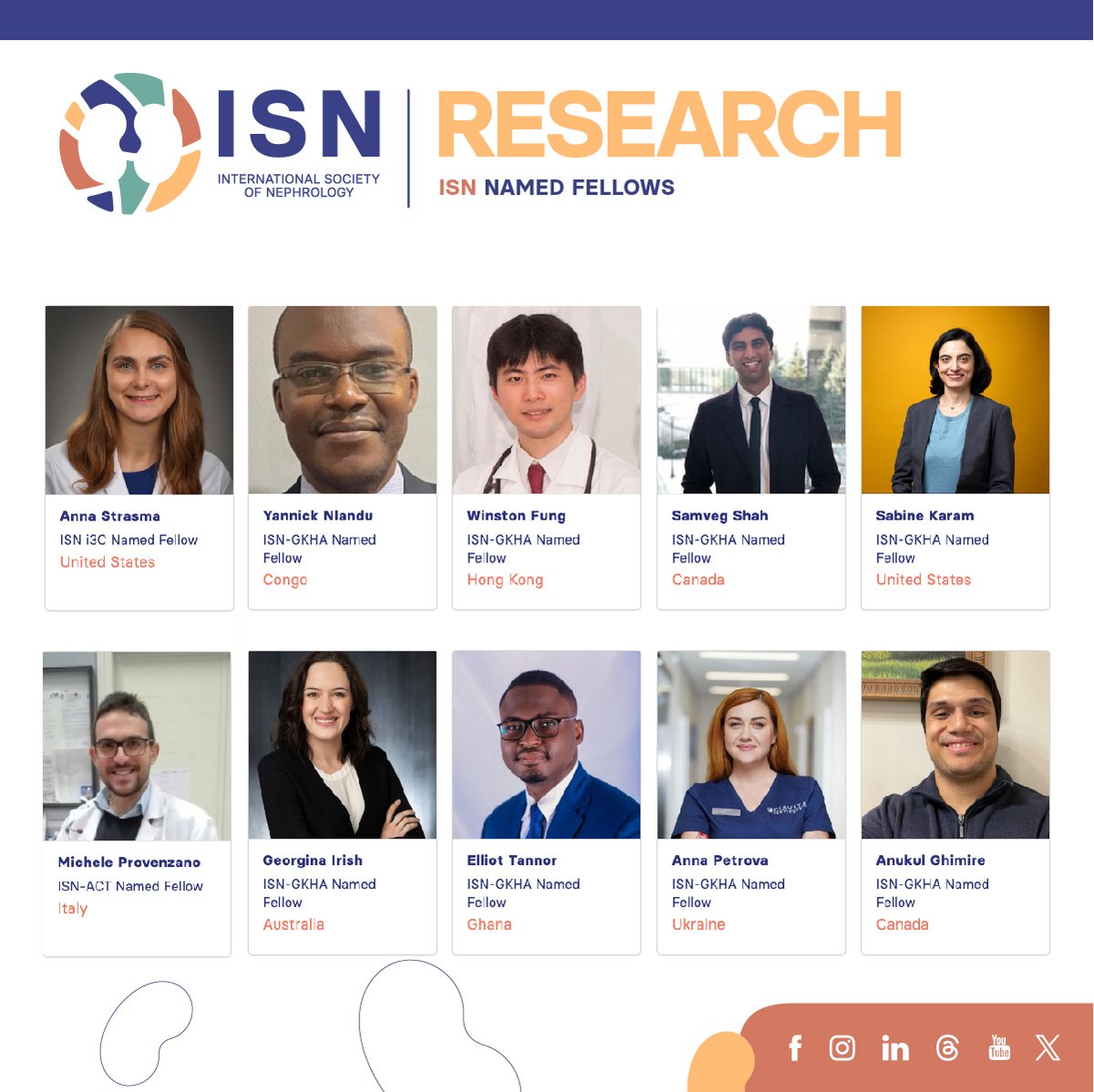 The ISN applauds ten new ISN-Named Fellows, approved as named fellows by the ISN Executive Committee and Council, for contributing significantly to ISN research-related initiatives alongside ISN research group leaders.

Join us in congratulating them ow.ly/zUvf50QhCPa