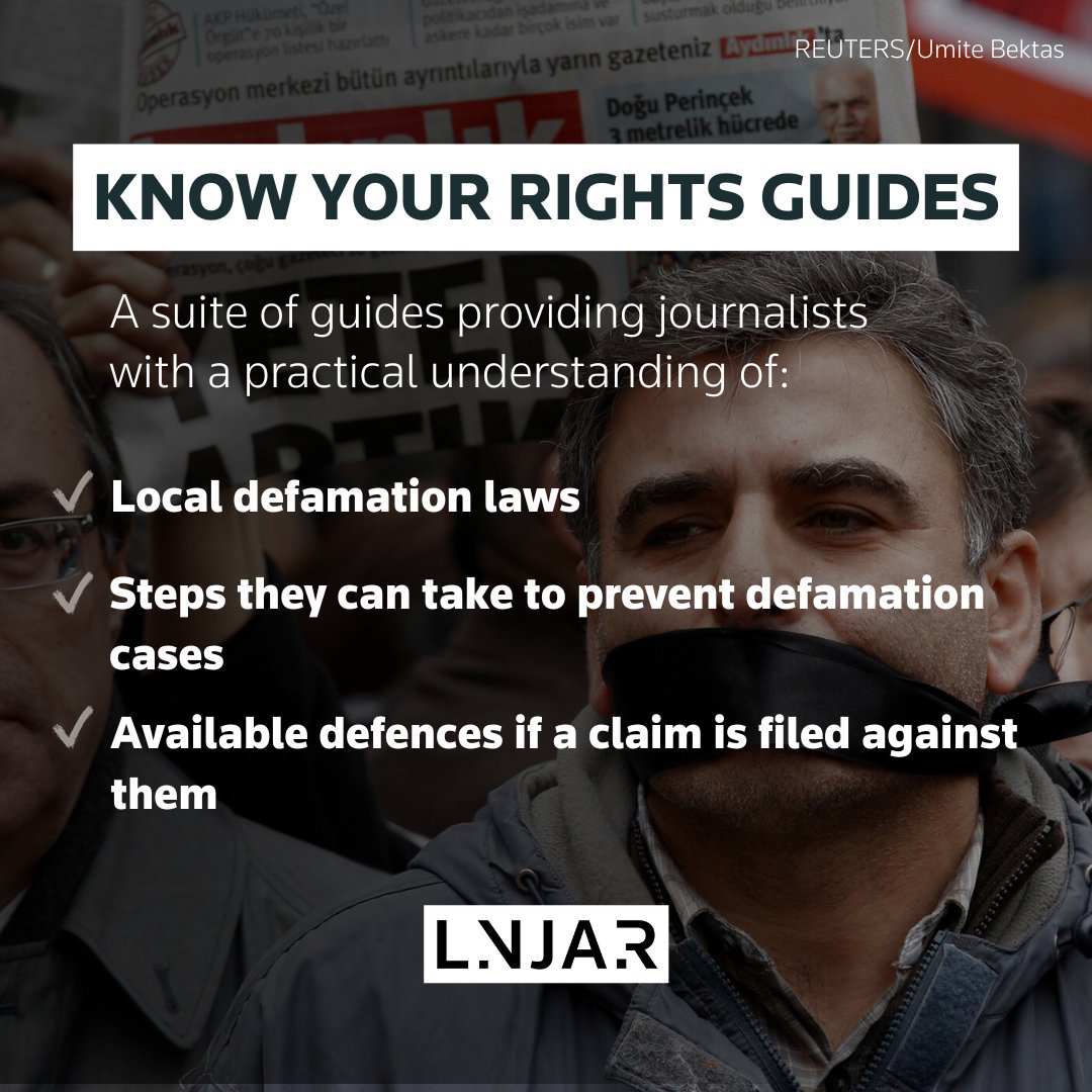 TRF's tweet photo. ✍️ Defamation laws are being misused to censor journalists and shield the powerful from criticism.

As part of our legal network with @mediadefence and @pressfreedom, we've created guides to give reporters a practical understanding of these laws. ⤵️  https://t.co/ipZsYXD5tR https://t.co/oBdiGcyFdn