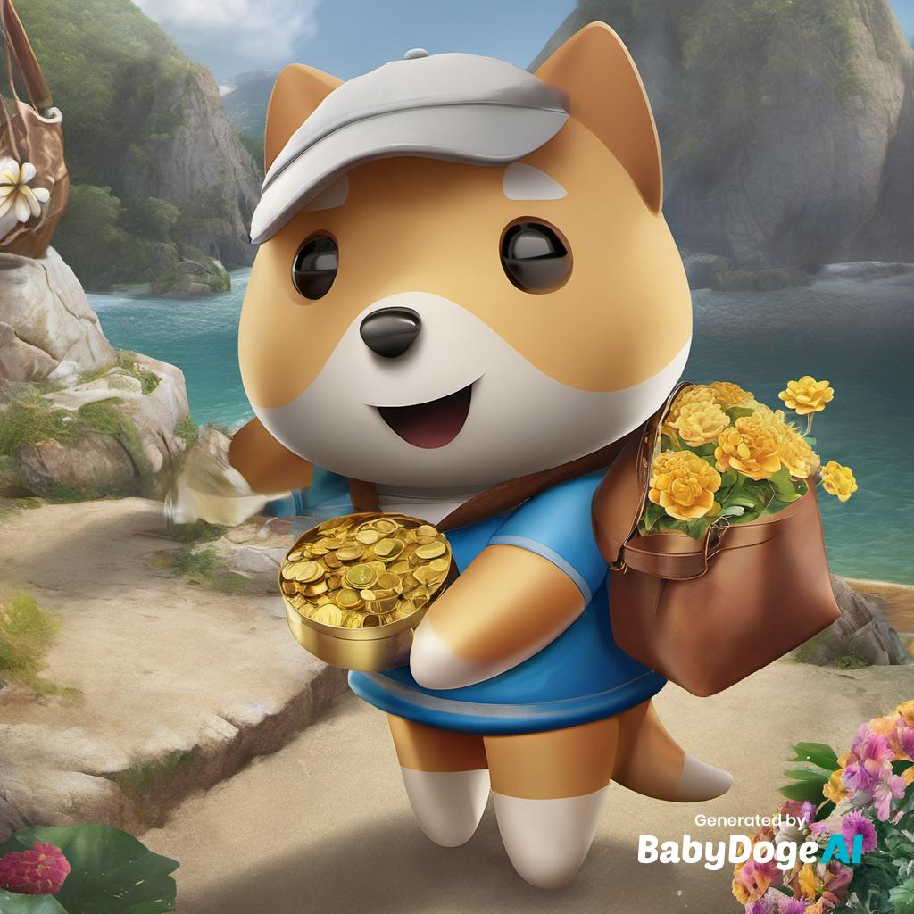"BabyDoge carrying a bag of gold coin and flowers at the other hand,  ferrytail fantasy island, extremely detail" Generated via #BabyDogeAi Generate your own now at BabyDogeSwap.com/Ai