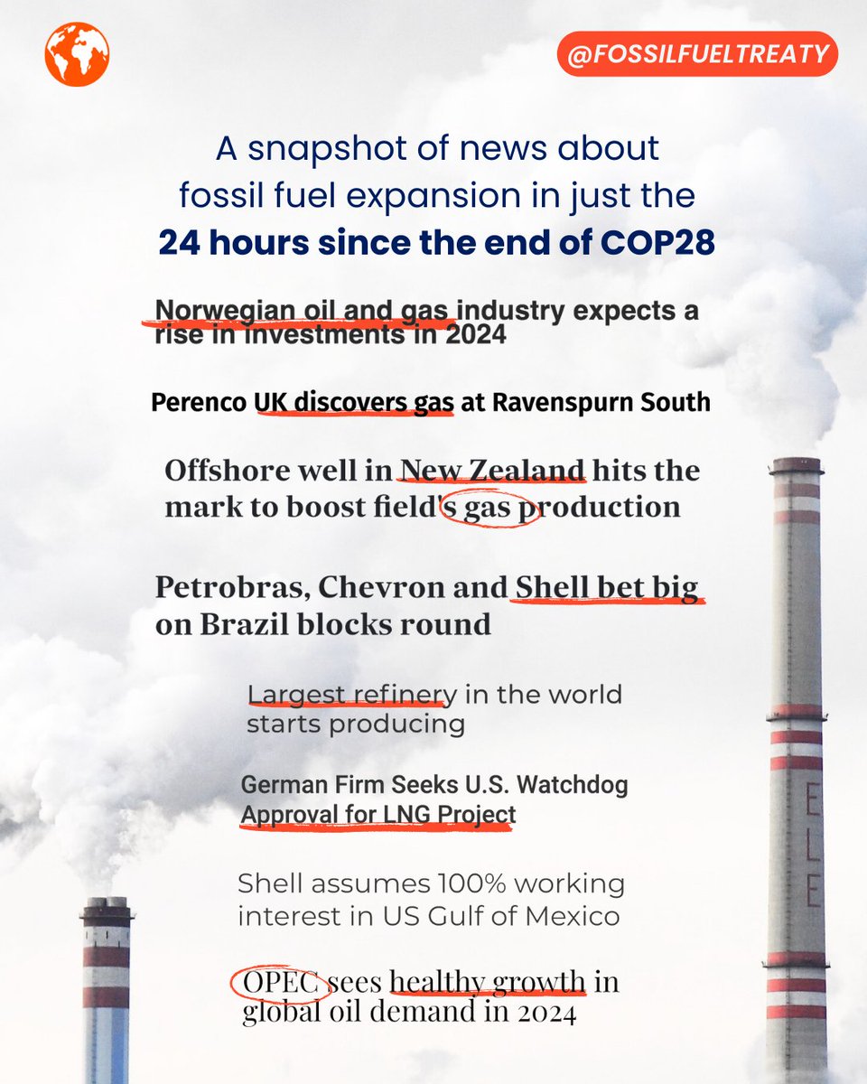 You've probably heard about how #COP28 mentioned "transitioning away from fossil fuels". 

But here are a few headlines from the 24 hours since that you may have missed 🤯