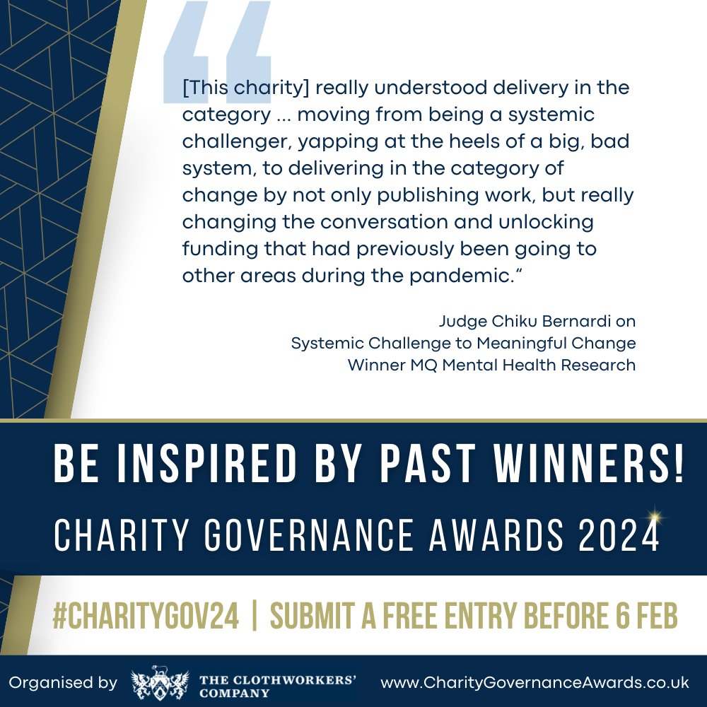 #CharityGov2024 is open! Choose from 6 categories that allow you to celebrate your #trustees. Entry is FREE! Be inspired by past winner @MQMentalHealth (From Systemic Challenge to Meaningful Change). Read their story & be inspired to submit your entry: ow.ly/k6uo50QfuHt
