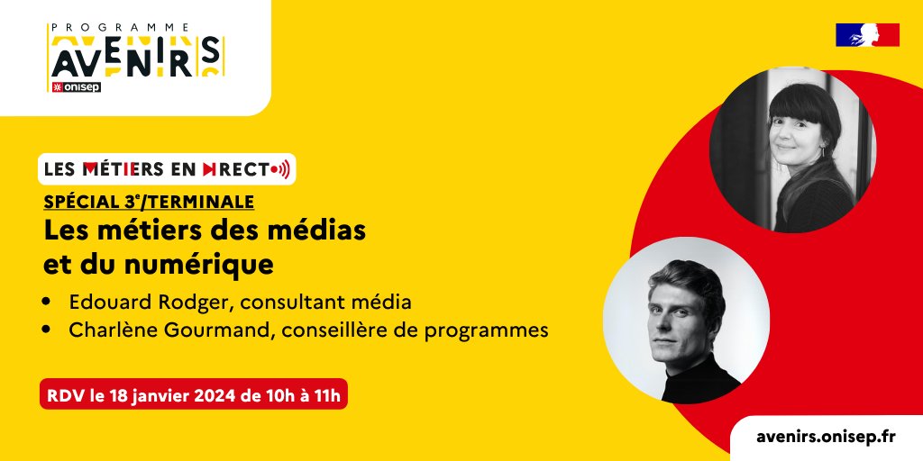#équipeséducatives #métiersendirect
📌L'Onisep propose aux élèves de #3e et de #lycée 1 h en visio avec 2 pros des #médias et du #numérique
🔊 Charlène, conseillère de programmes 
🔊 Edouard, consultant média

📅 RDV 18/01 🕓 10 h
✍️ ow.ly/phMJ50PKaHZ
#orientation #Avenirs