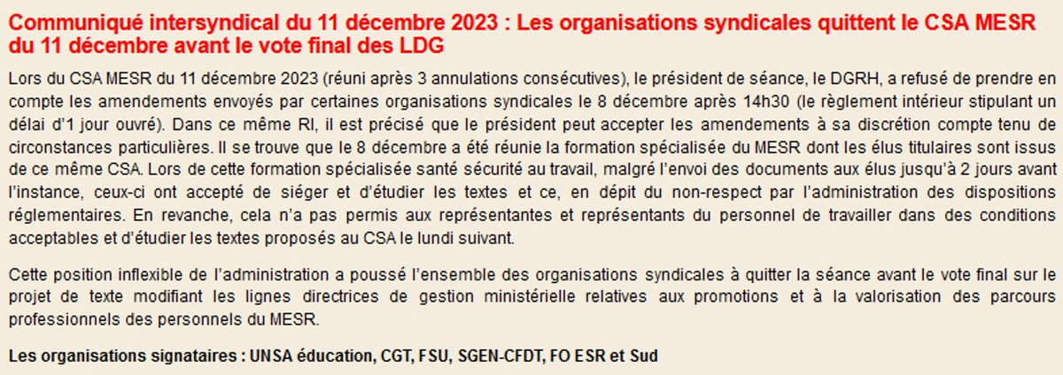 JulienGossa's tweet photo. [#VeilleESR] Communiqué intersyndical du 11 décembre 2023 : Les organisations syndicales quittent le CSA MESR du 11 décembre avant le vote final des LDG https://t.co/PhfXbrwNEo