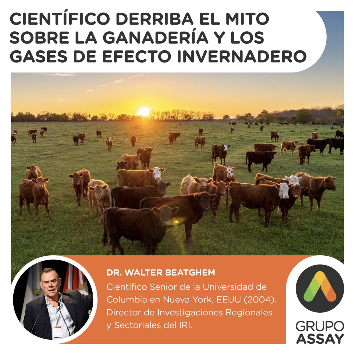 agroassay1's tweet photo. La ganadería ha sido señalada como una gran contribuyente al Cambio Climático debido a las emisiones de metano generadas por los rumiantes. Sin embargo, el Dr. Walter Baethgen derriba este mito. https://t.co/68crVLrPDB