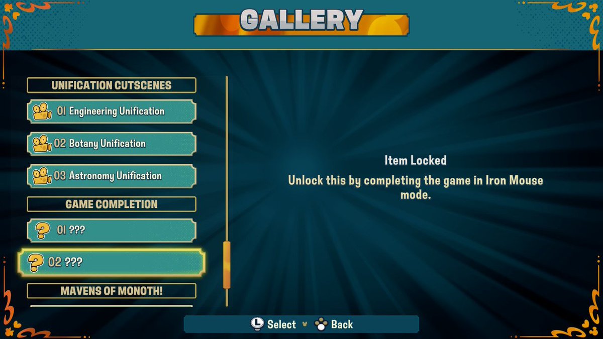 fsLeg's tweet photo. @dlalastudios I've beaten the game on Iron Mouse mode previously, got gold in all new time trials, but two new gallery items tied to game completion are still locked. Am I supposed to beat the game yet again to get them? Or beat dev time in every time trial? https://t.co/gCxQdkySXY