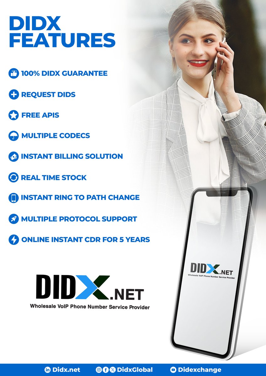 Dive into DIDX: Easy communication, 100% Guarantee, instant billing, 5-year CDR, real-time DID stock, and versatile codecs.

Join us in shaping a connected future with our FREE APIs!
didx.net 

#DIDX #CommunicationElevated #DidxFeatures #Telecommunication