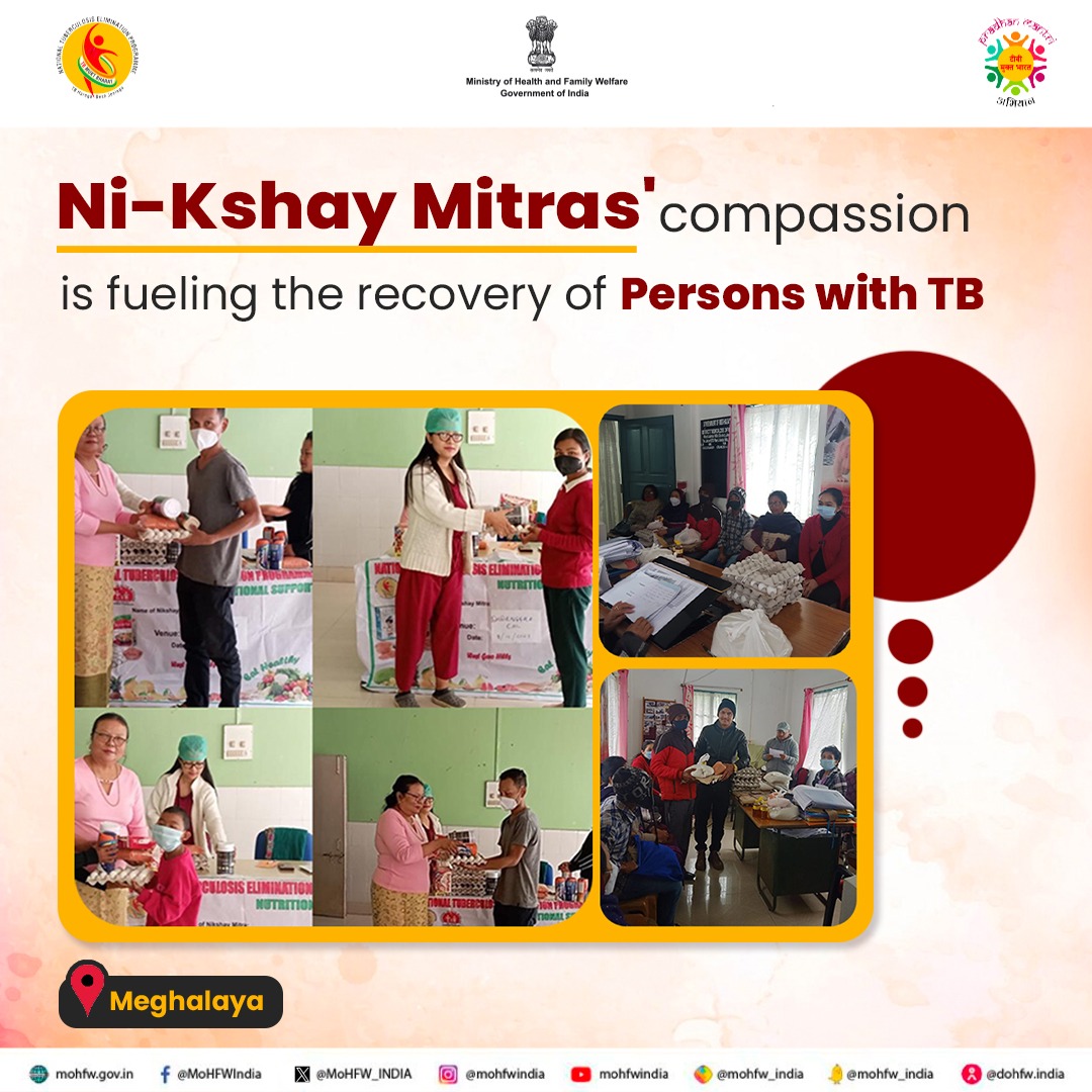 Scaling up TB Free India🇮🇳 by 2025!

In Meghalaya, #NiKshayMitras are distributing nutrition kits to Persons with TB (PwTB), playing a vital role as companions in their healing journey. 

#TBMuktBharat 
 #TBHaregaDeshJeetega