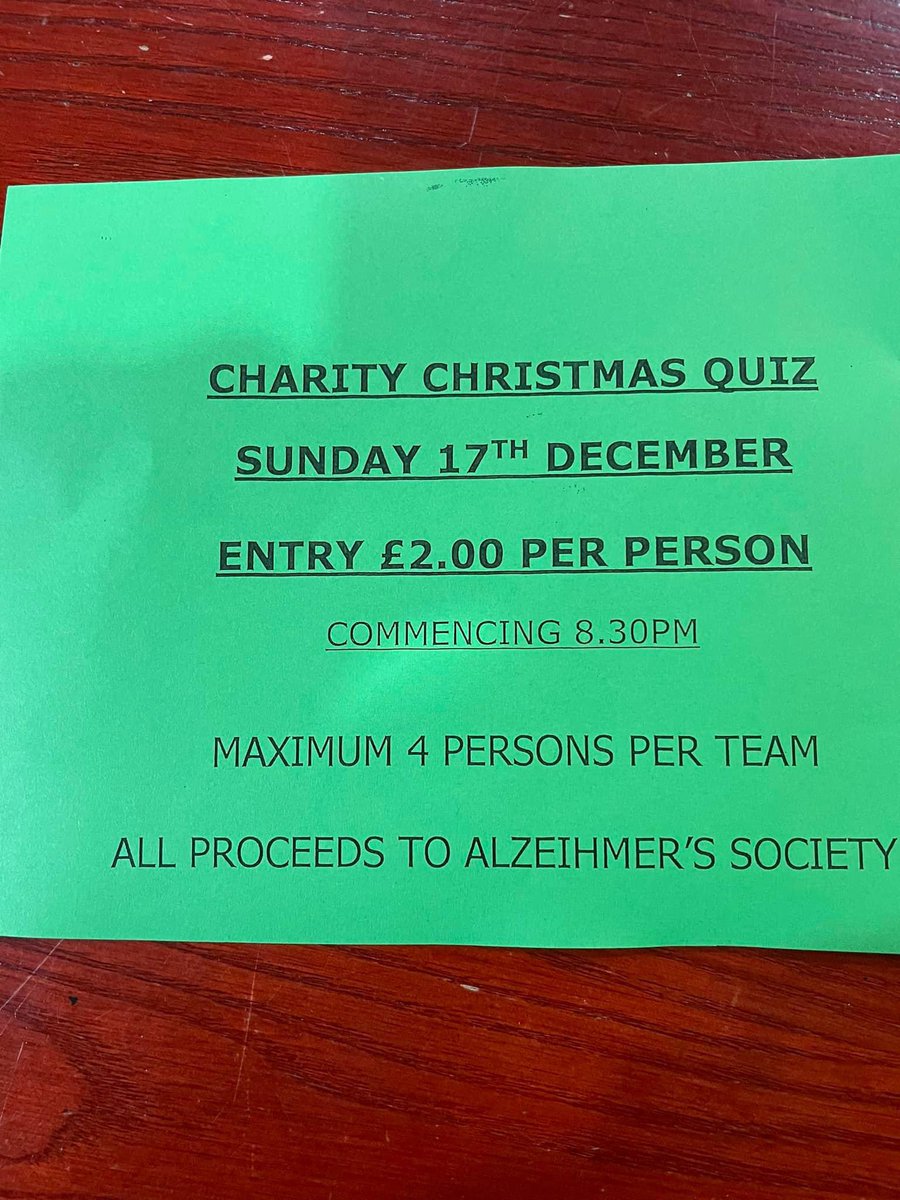 On 17th December we have a CHarity Christmas Quiz - £2 per person all proceeds go to the Alzeihmers Society 

Prise of a bottle of wine and some chocolates for good measure 💕💕