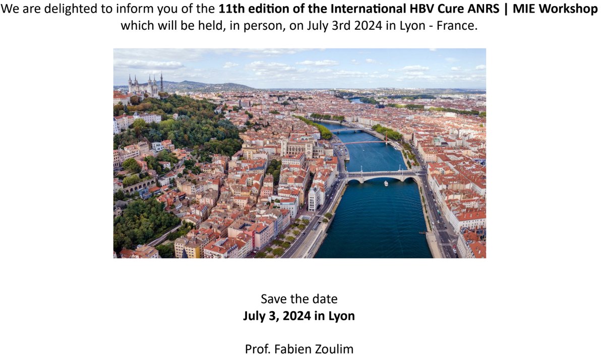 Exciting news! Save the date for the 11th International HBV Cure ANRS | MIE Workshop on July 3, 2024, in Lyon, France. 🗓️ This in-person event at Château Montchat is free of charge. Stay tuned for the program and website updates! #HBVCureWorkshop #HepatitisB