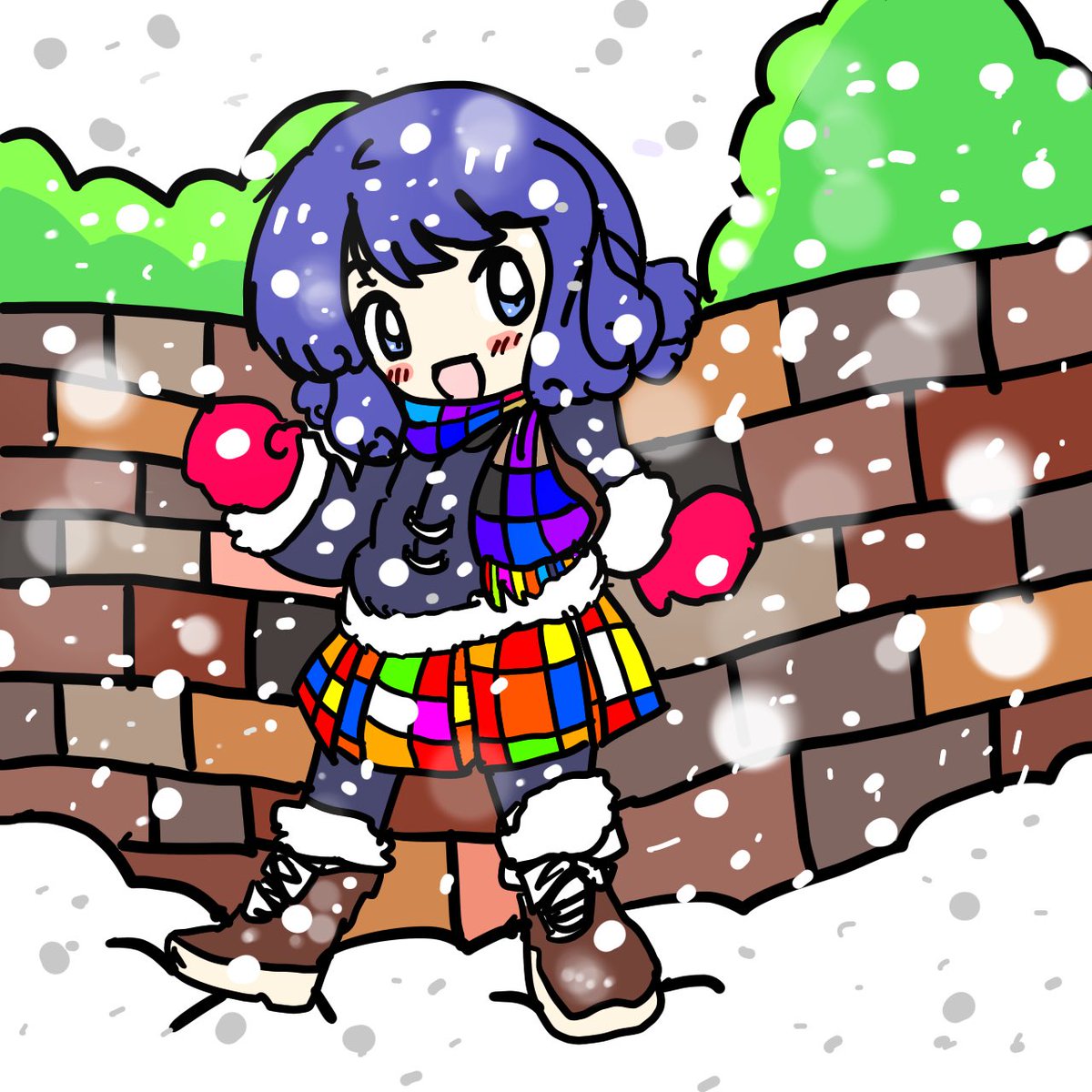 multicolored clothes 1girl solo snow blue hair blue eyes multicolored skirt  illustration images