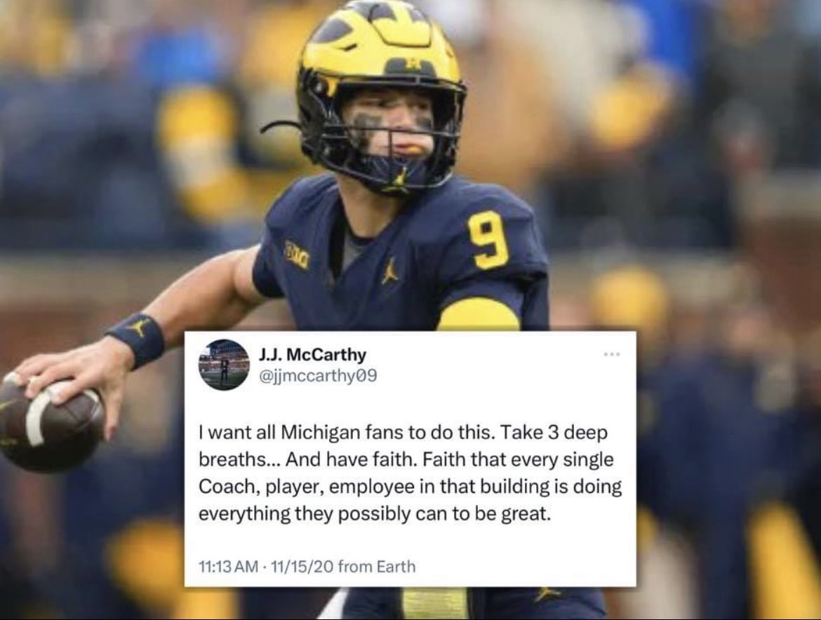 JJ tweeted this after the 49-11 Blowout loss to Wisconsin in 2020…fast forward 4 years..3 straight B1G Championships and playoff appearances!! #DeepBreaths #GoBlue