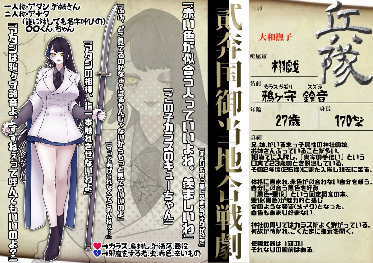 EveCocoa_'s tweet photo. こちらの素敵企画(@nikokugeki )に追加枠で参加させて頂きます！！！
お姉さんぶりたい末っ子属性です🐦‍⬛
よろしくどうぞです🙌🙌🙌
#貮国劇_軍人許可証
#貮国劇_兵隊
#貮国劇_栩戯 https://t.co/S7E2hTbc8y