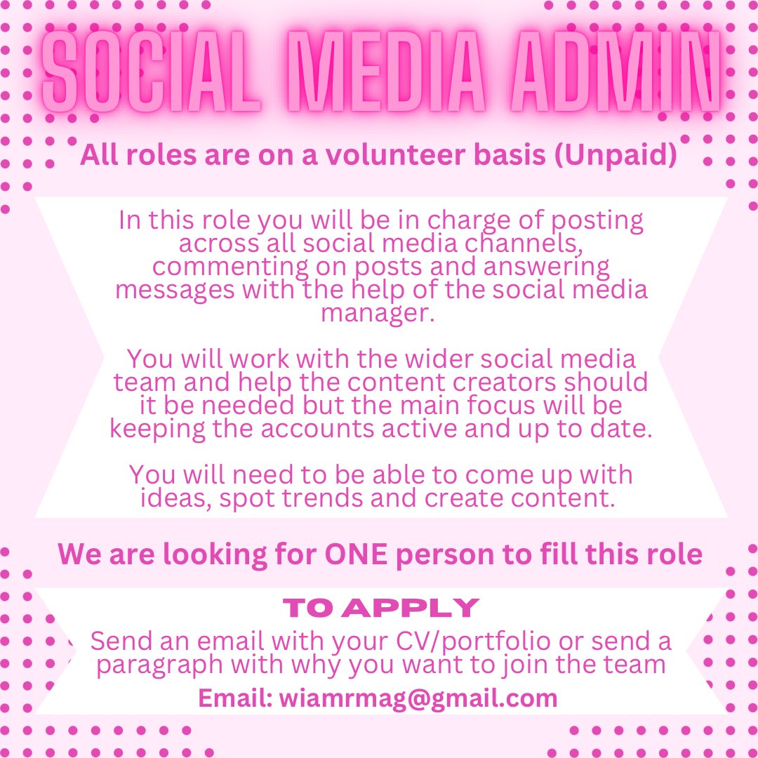 If you would like to join our team send your CV/Portfolio or a paragraph explaining why you want to join the team to our email 💖
Email: wiamrmag@gmail.com

*All roles are volunteer/unpaid* 
*Applications close: 31/01/2024*
#womeninmotorsport #femalesinmotorsport #motorsportmedia