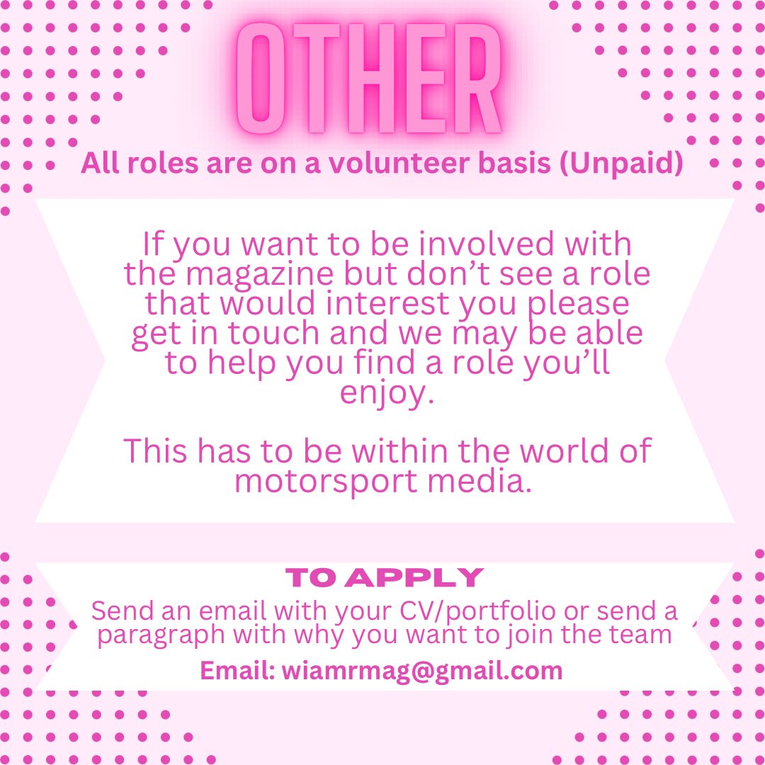 We also allow people to apply if they don’t really know what they want to do or don’t see something they would like to do 

#motorsportmedia #womeninmotorsport #mediaopportunities