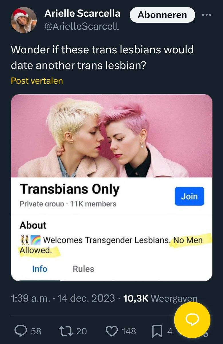 Wonder if these trans lesbians would date another trans lesbian??

Says Arielle Scarcella, who helpfully included a screenshot of a group exclusively for trans lesbians.
An entire group full of lesbians, looking for other lesbians...

Oh boy! I wonder what they're looking for?!?
