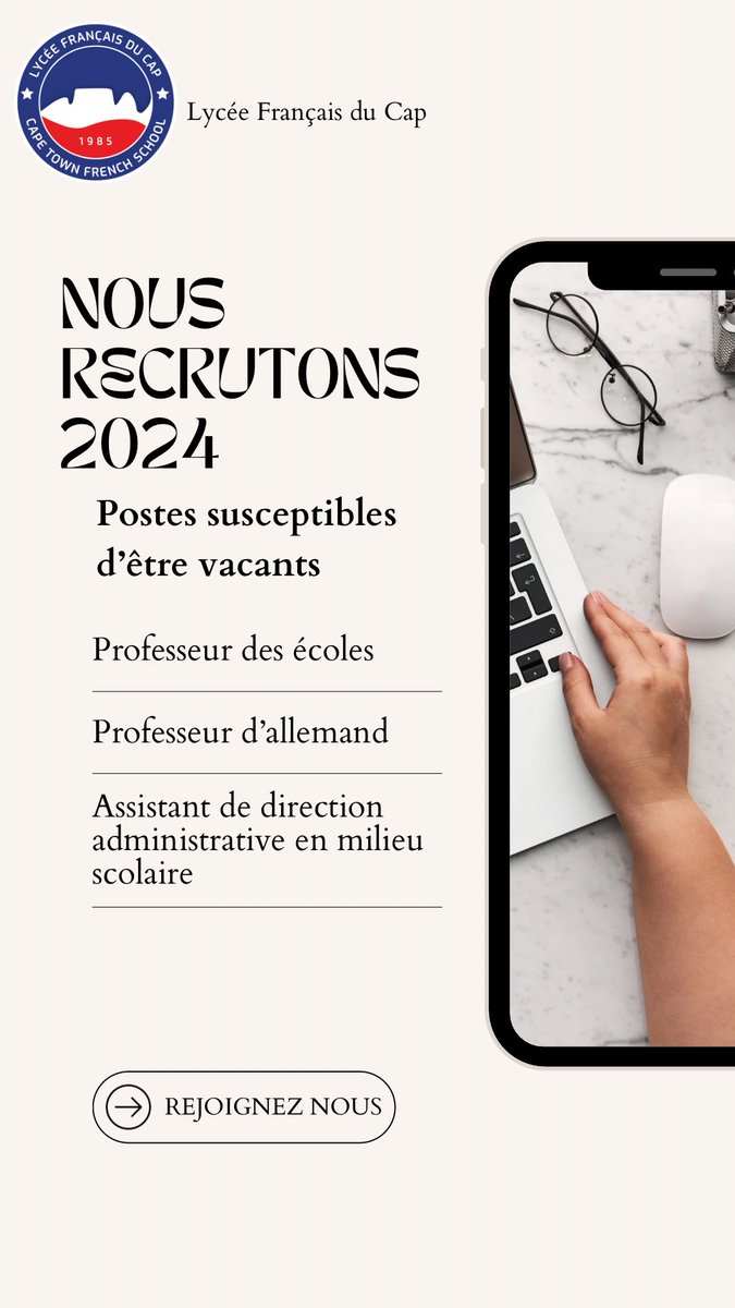 Nous recrutons pour septembre 2024 !!!! Postulez sur thefrenchschool.co.za/appel-a-candid… #jobs #professeur