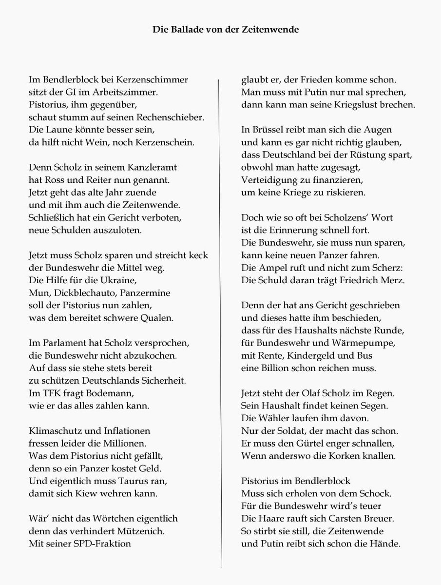 hahnflo's tweet photo. "Die Ballade von der Zeitenwende"
von einem anonymen Dichter aus der Truppe
#Bundeswehr #Zeitenwende #Taurus #Haushaltskrise #Bendlerblock https://t.co/VHRq9ESDE3
