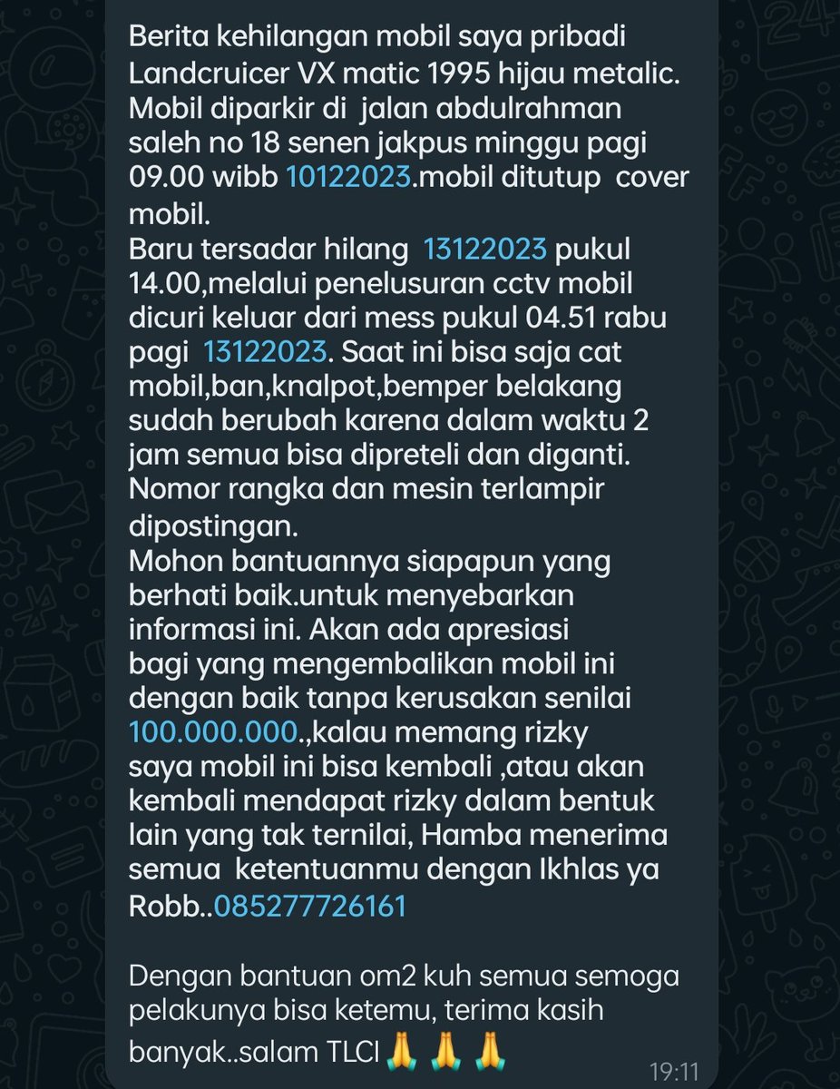 innovacommunity's tweet photo. @MasMasBiassaa kang @0tk0il mas @ezash pakgub @ridwanhr walkot Bekasi @rgoestama minta tolong bantu retwit, salah satu rekan TLCI (Toyota Land cruiser club) kehilangan unit land cruiser nya.

Bagi yg menemukan, silakan hubungi nomor dibawah, imbalan nya cukup lumayan. https://t.co/DvFWNXnwtl