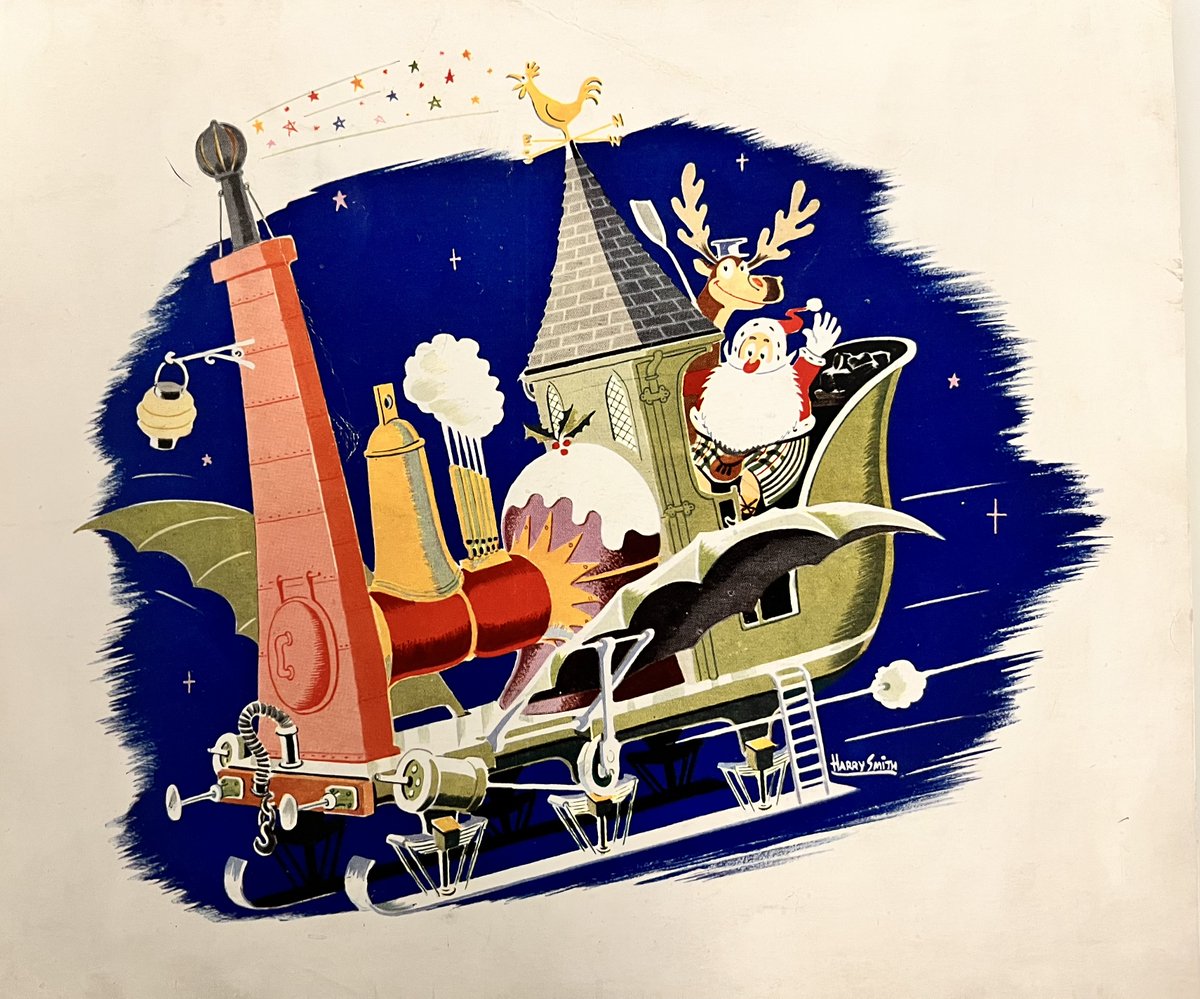 SmgResearch's tweet photo. This Christmas card (by Harry Stevens) was sent by North British Locomotive Company in 1949. The imaginative depiction of Santa's sleigh as a locomotive is not as mad as you might think. One of NBL's constituent companies, Neilson, actually built something very like it in 1861! https://t.co/wdRCYs02GV