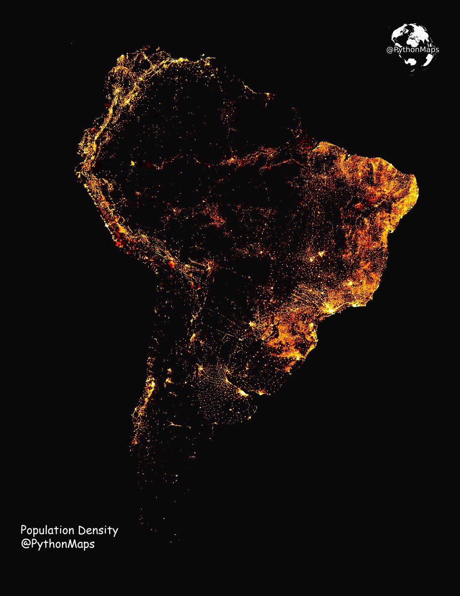PythonMaps's tweet photo. Population density of South America with data coming from GHSL. It’s quite an old one so I’ll have to make an updated version https://t.co/FGvkXzMPmn