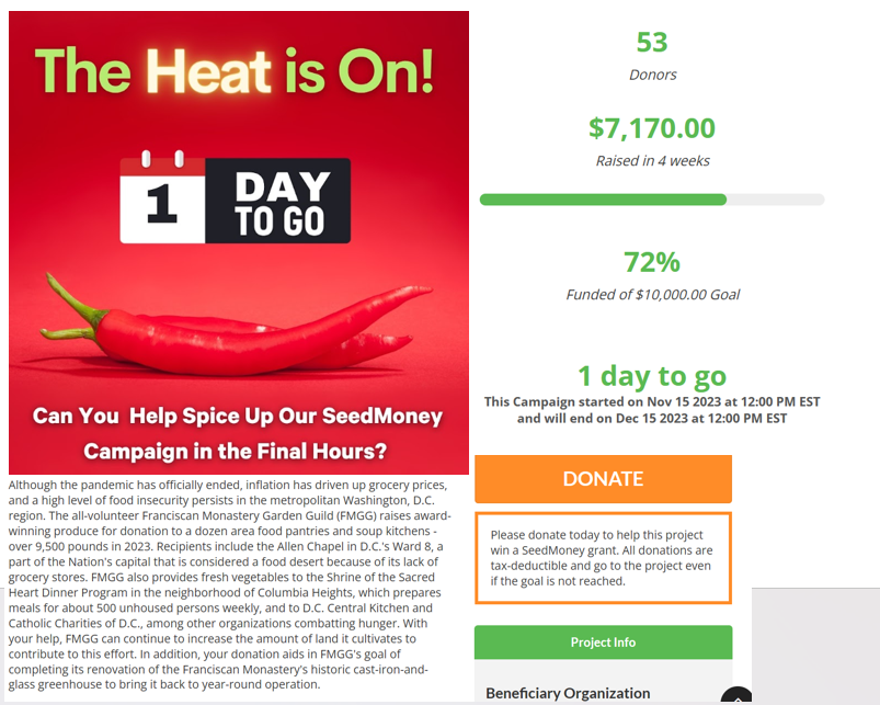 gardenguild's tweet image. 1 Day Remaining - We are up for a Seed Money Challenge Grant (currently in 4th Place of 355)! 
Help us win the grant and support our fresh produce donation program for food pantries &amp;amp; kitchens across the DMV! donate.seedmoney.org/9233/francisca…