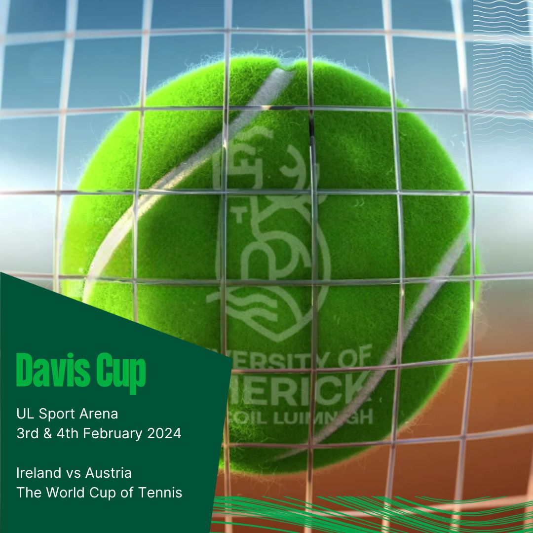 Tickets are on sale now for the Davis Cup Tennis playoff tie between Ireland and Austria, which will take place at UL in February 2024

Tickets range from €11.20 to €21.90

Find out more & book here: universe.com/events/live-da…
#HomeofFirsts