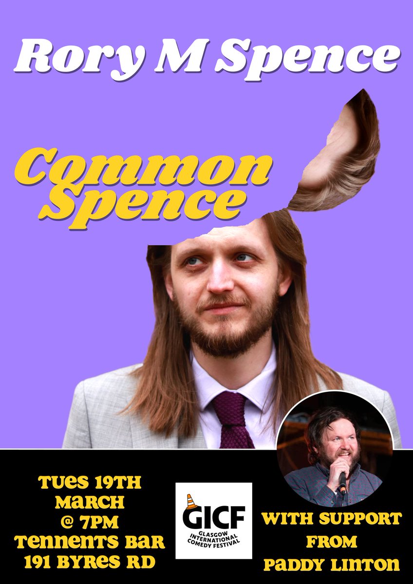 I'll be performing my show, Common Spence at Tennents Bar <a href="/GlasgowComedy/">Glasgow Comedy Festival</a> on 19th of March at 7pm!
Get yourself some tickets immediately. Or soonish. 

glasgowcomedyfestival.com/performances/r…