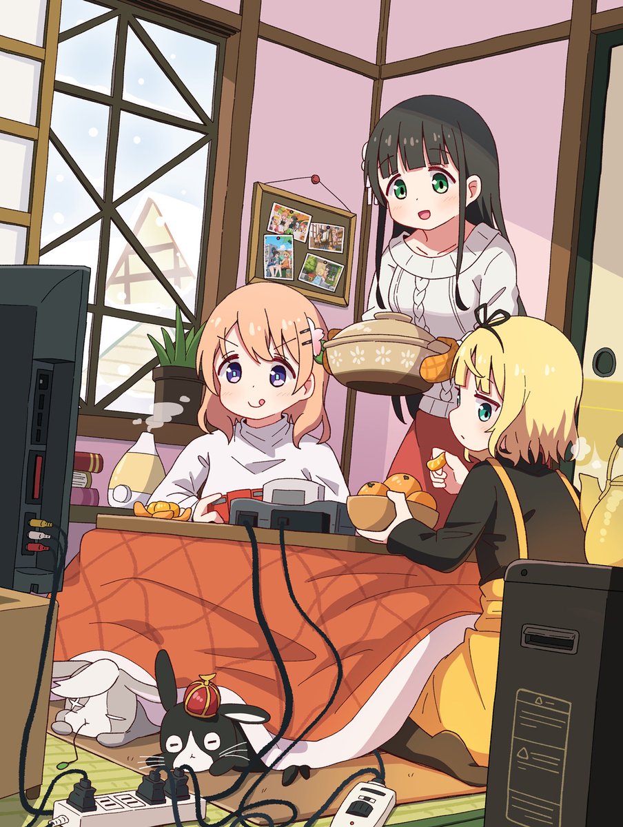 hoto cocoa ,kirima syaro ,tippy (gochiusa) ,ujimatsu chiya multiple girls kotatsu table 3girls fruit television food  illustration images