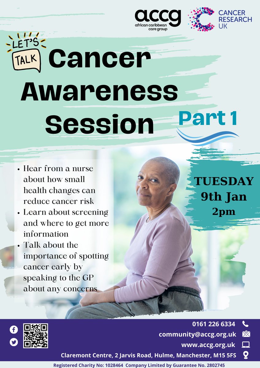 AdamHealthDev's tweet photo. 📢Cancer Awareness session - let's talk 🗣️

👉Reducing risk through small changes
👉Learn about the importance of screening rather than waiting for potential symptoms to show
👉Where to get more information

🗓Tuesday 9th January, 2pm
📌Claremont Centre, Hulme M15 5FS https://t.co/qu8ltJC4ff