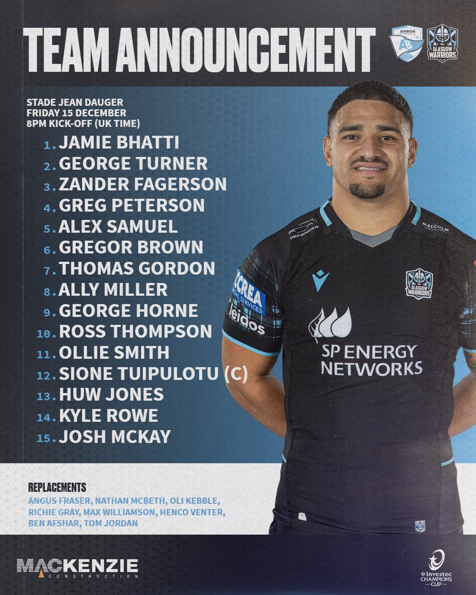 LesCompos's tweet photo. Les compos pour @avironrugbypro - @GlasgowWarriors !

⏱️ Vendredi, 21h00

🏟️ Stade Jean-Dauger, Bayonne

#ABvGLA #ABGLA #InvestecChampionsCup https://t.co/MD7rZ9HuRf