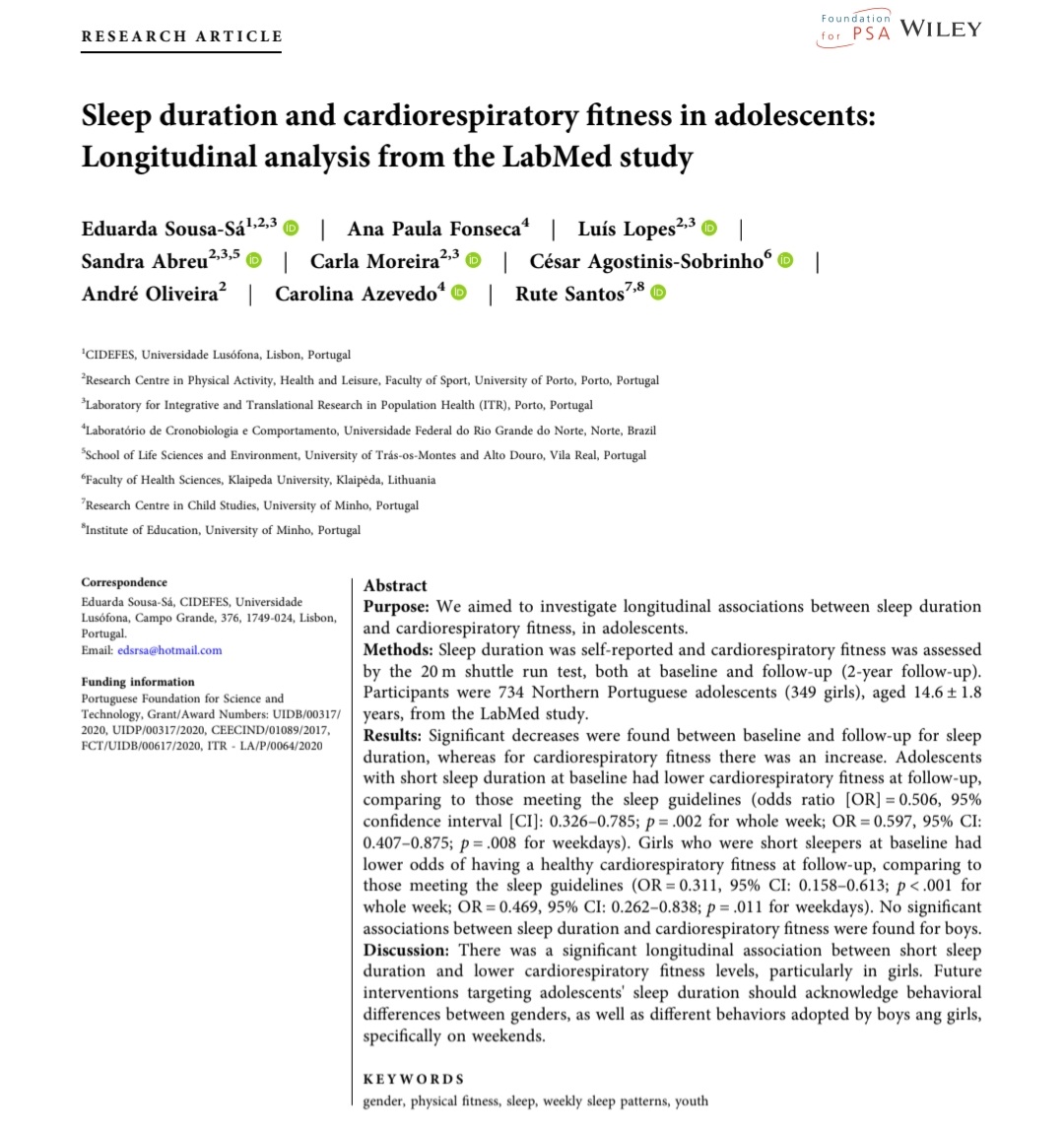 🗣 Just published! Short sleep duration is longitudinally associated with ⬇️ cardiorespiratory fitness levels, particularly in 👧. On weekends, 🧒&amp;👧 have different sleep behaviours. Future research should acknowledge this. 
<a href="/cidefes/">CIDEFES</a> <a href="/CIAFEL/">CIAFEL</a> #sleep #adolescence #Researchpaper